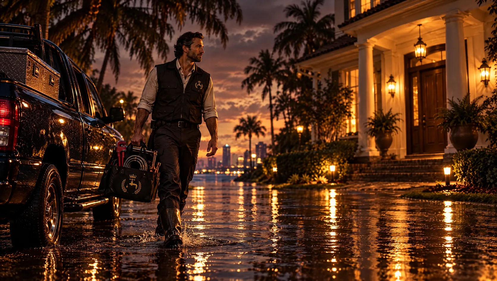 Plumber in a dark vest with a gold logo standing at a Miami street flooded by a king tide at dusk, water reflecting the streetlights, a work van behind him