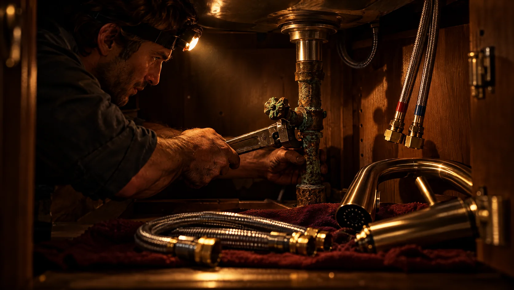 Plumber's hands working a wrench on a corroded shut-off valve inside a kitchen sink cabinet, new braided supply lines and a new faucet beside him
