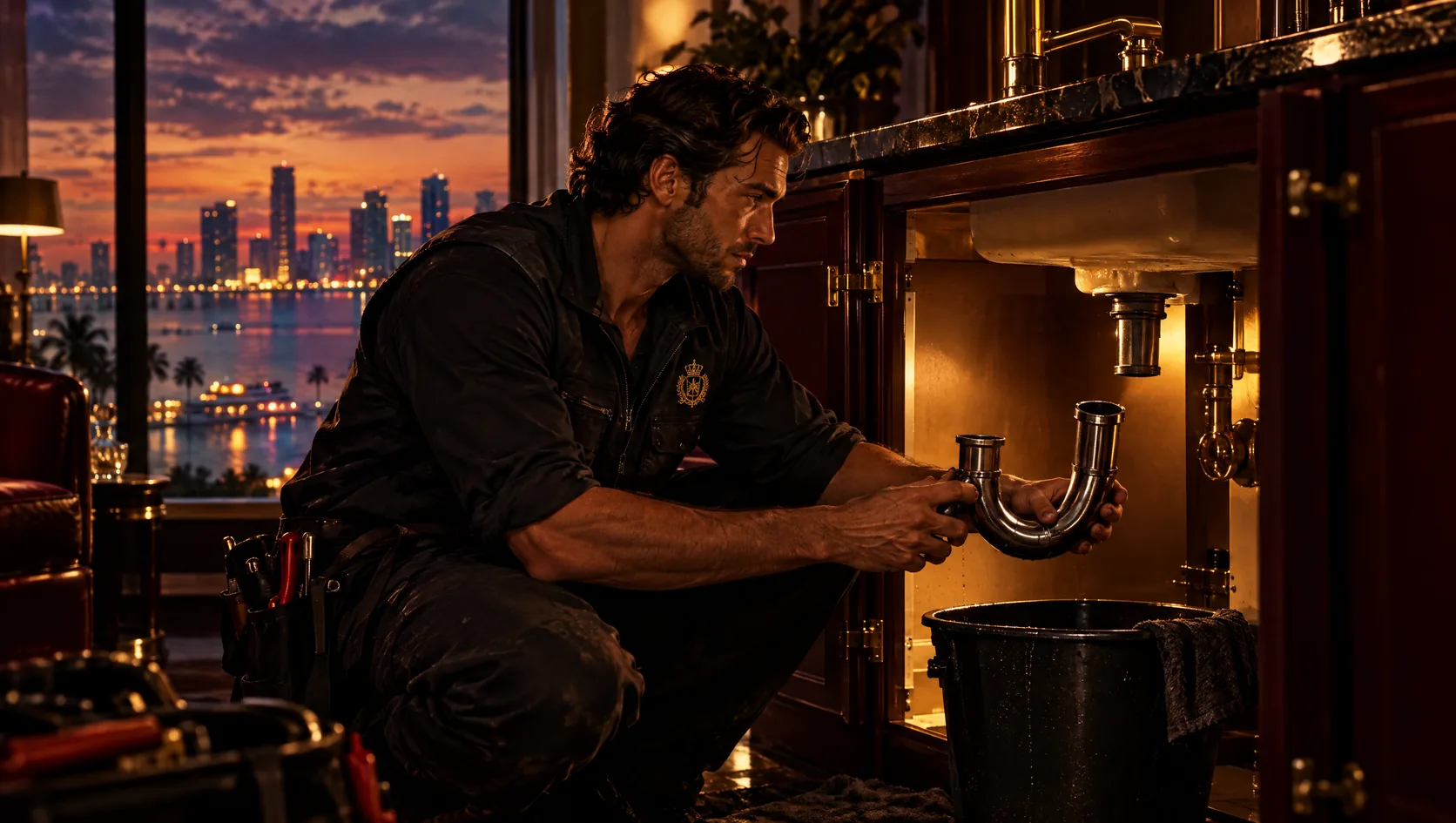 Plumber under a Miami condo kitchen sink with the P-trap removed and a bucket beneath it, the city skyline glowing through the window at dusk
