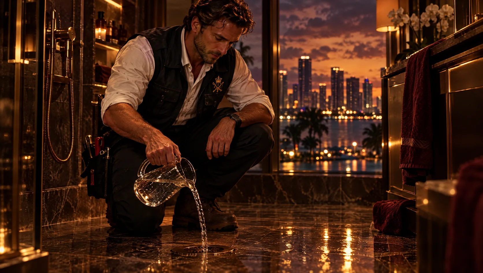 Plumber in a dark vest with a gold logo crouched at a guest bathroom shower drain in a Miami condo, city skyline glowing through the window at dusk