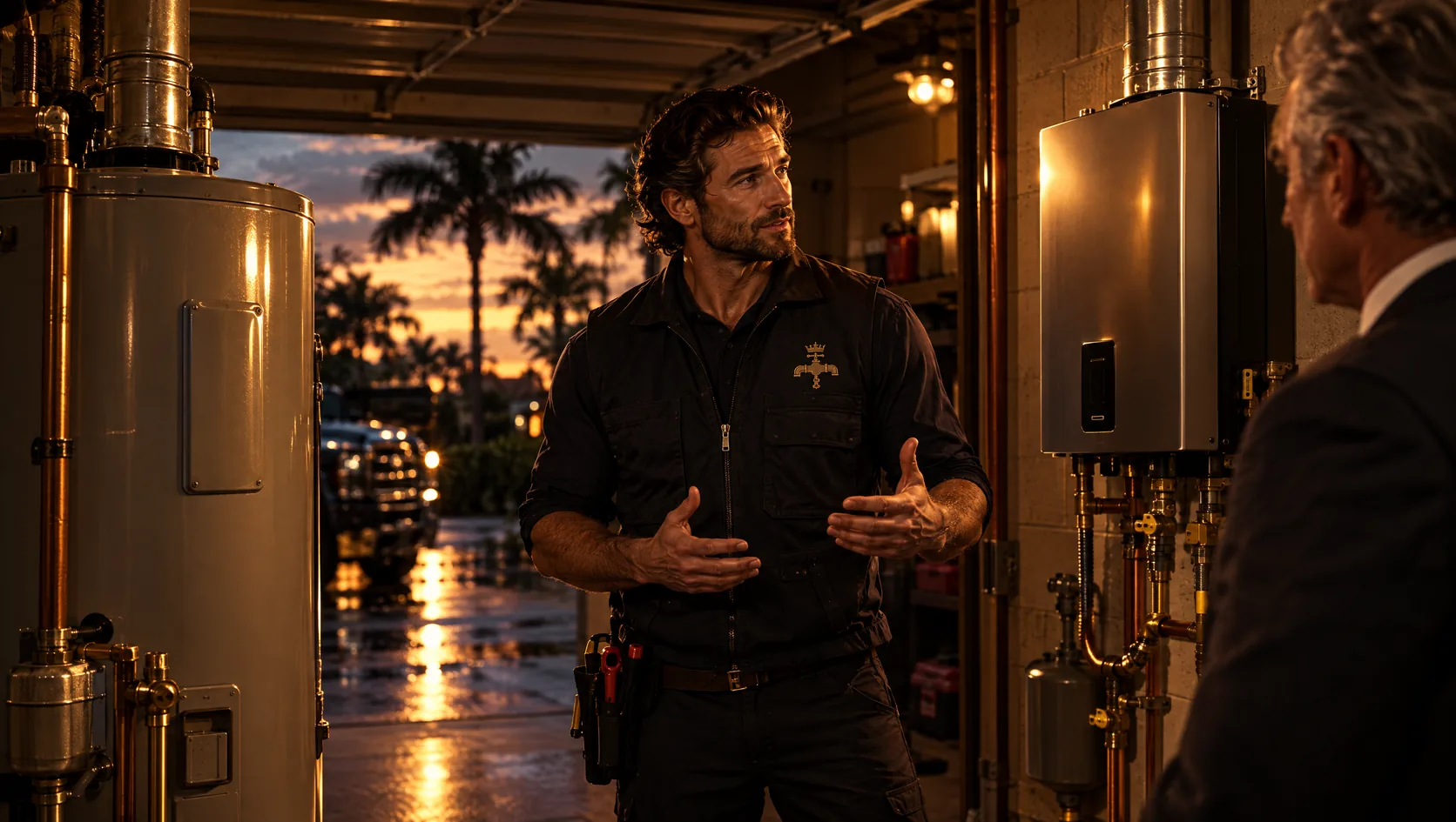 Plumber in a Florida garage standing between a tank water heater and a wall-mounted tankless unit, explaining the difference to a homeowner