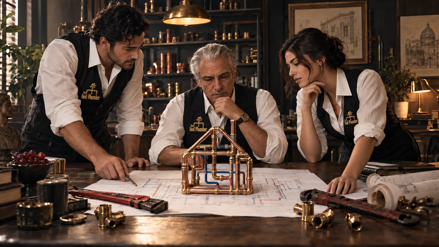 Three plumbers in gold-logo vests studying house plans around a table