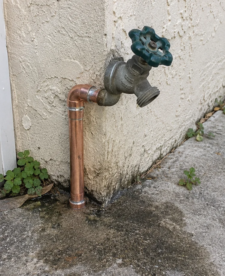 the same hose bib on fresh copper with clean solder joints, concrete dry