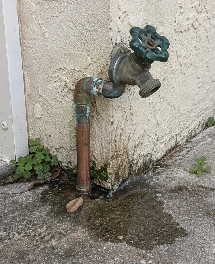 a green-corroded outdoor hose bib on copper pipe, weeping onto the concrete