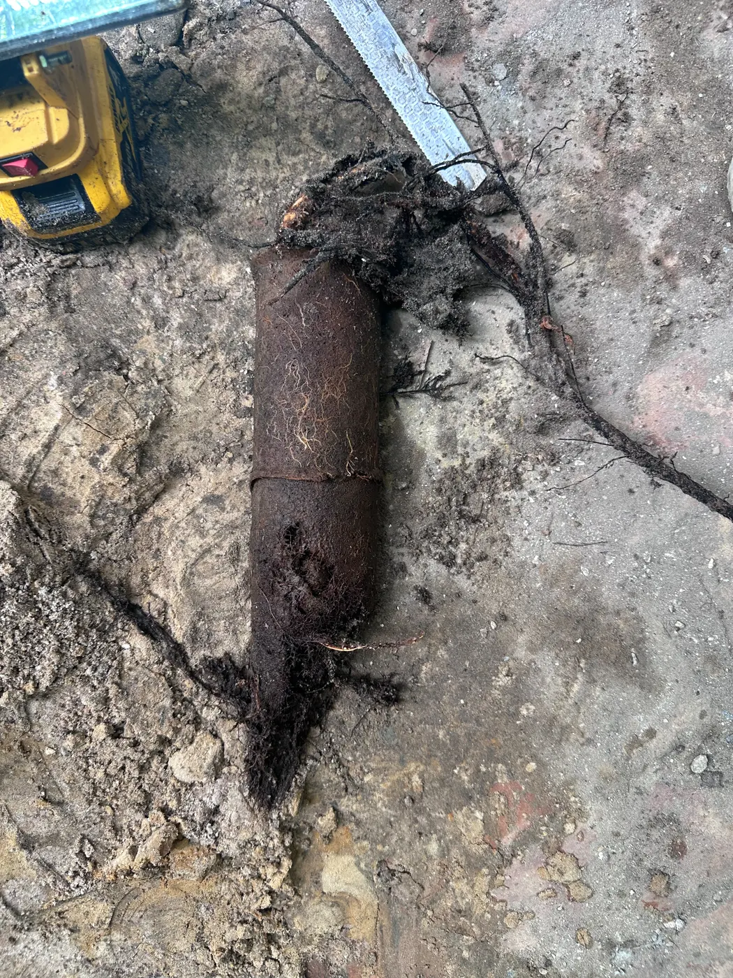 A short length of old corroded pipe with roots growing out of it, lying on the ground next to a drill